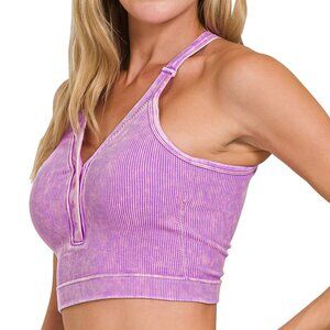 NWT WASHED RIBBED CROPPED BUTTON V-NECK TANK TOP - Bright Violet - Lavender  S/M